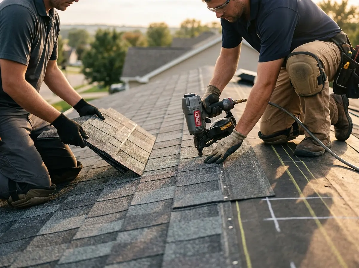 Professional roofer working on a residential roof in Summit